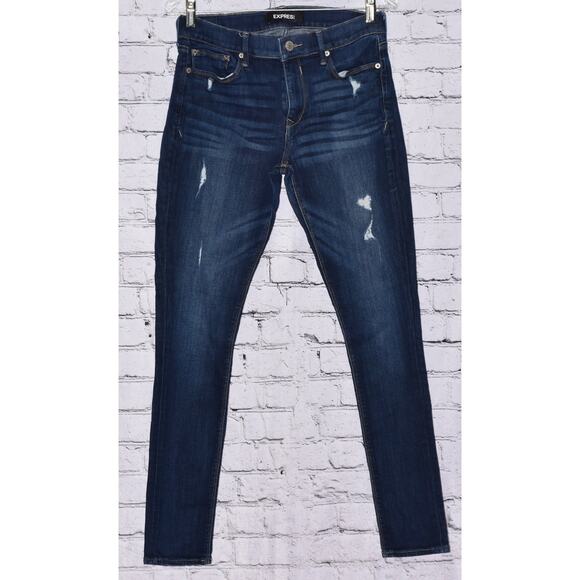 Express Mid Rise Legging Pant Stretch Distressed Dark Wash Denim Jeans Size 6R - Picture 1 of 6